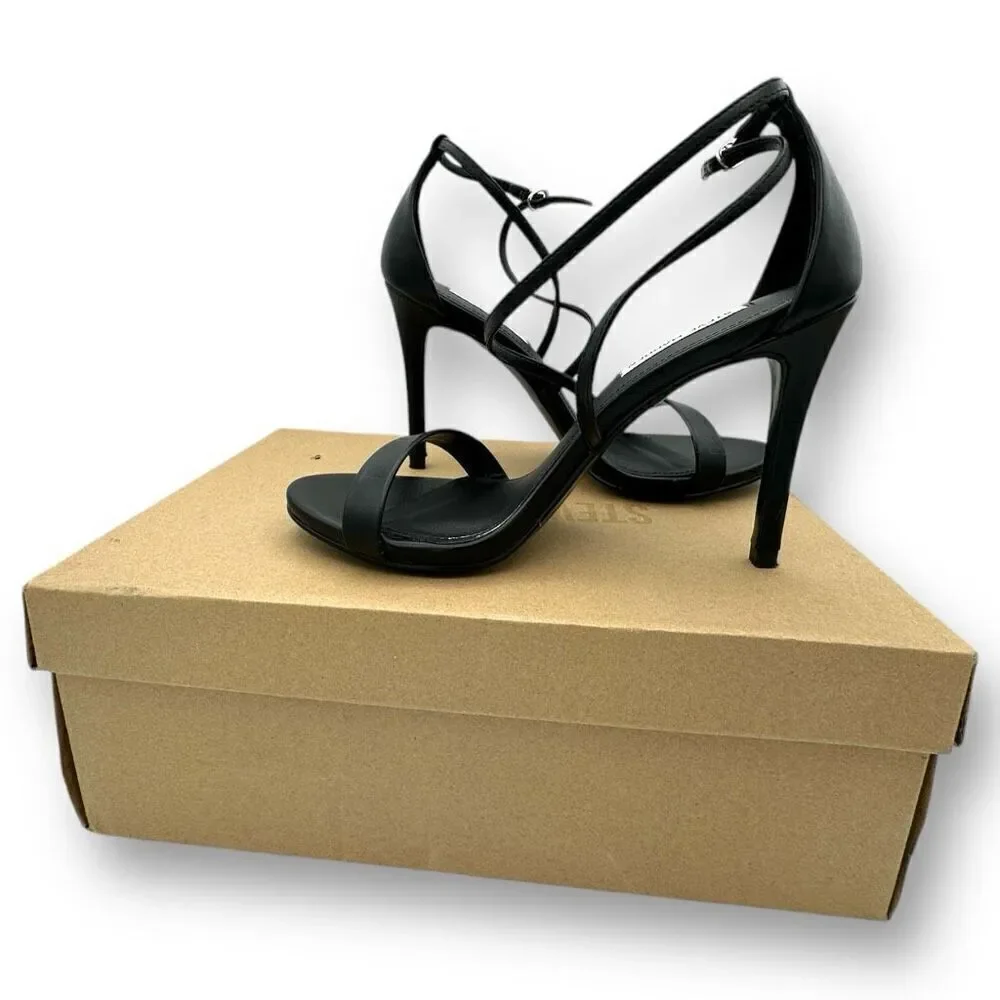 Steve Madden Womens Feliz PU Leather Strappy Stiletto Heel Sandals Black Sz 7.5
